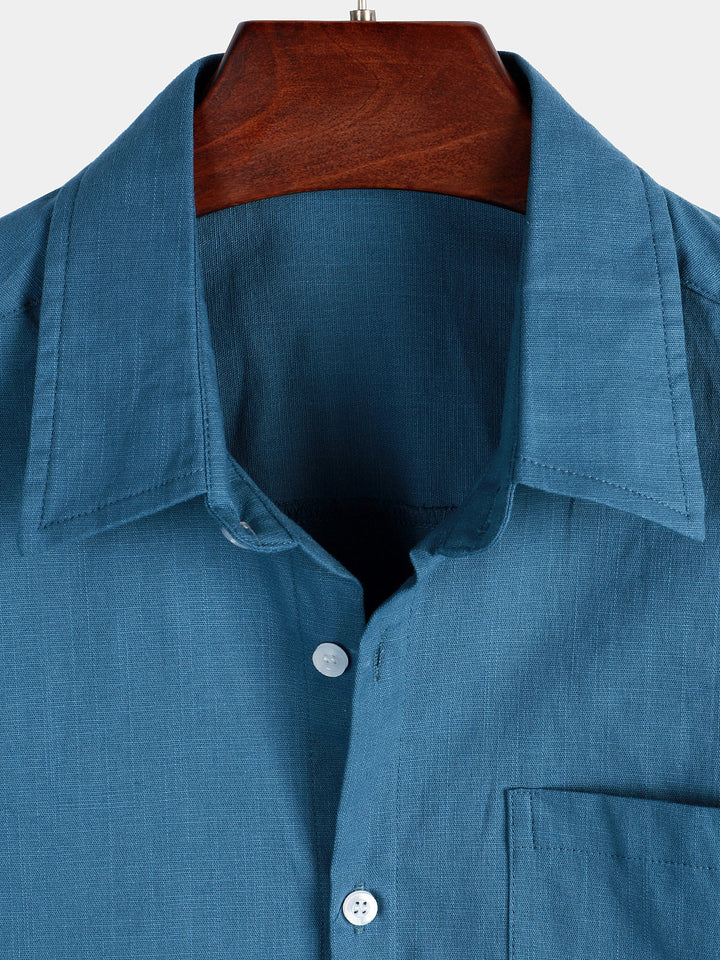 Chemise à manches courtes en coton et lin de couleur unie pour hommes