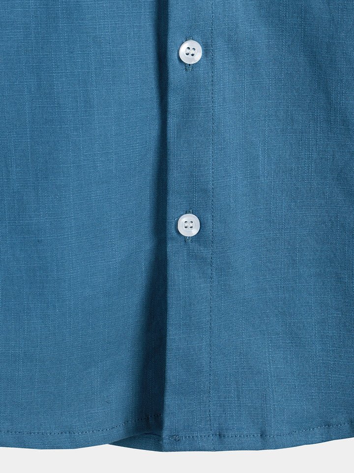 Chemise à manches courtes en coton et lin de couleur unie pour hommes
