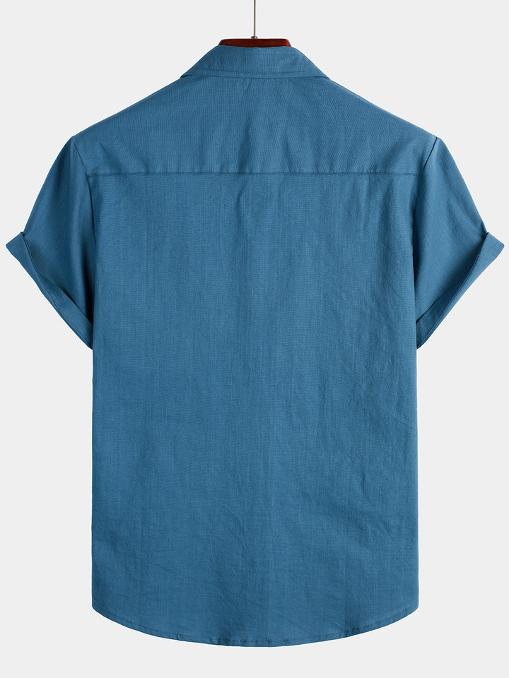 Chemise à manches courtes en coton et lin de couleur unie pour hommes