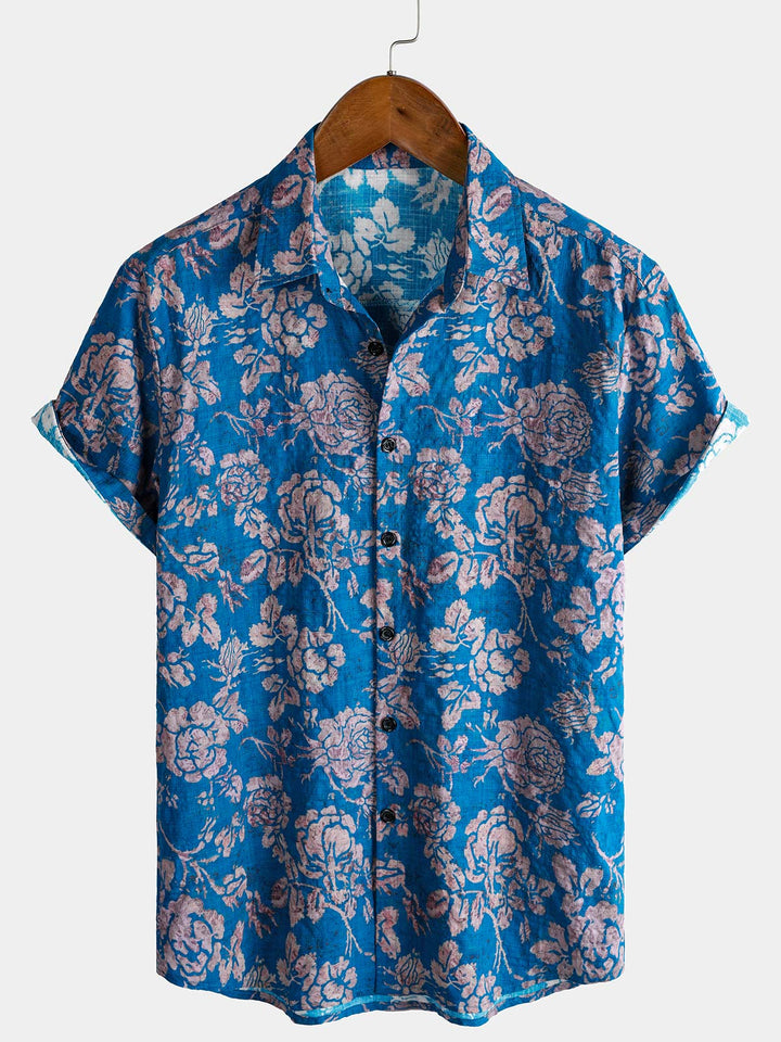Chemise Homme Style Resort Imprimé Botanique Rétro à Manches Courtes