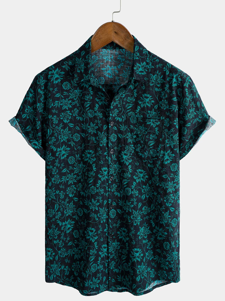 Chemise Homme Style Resort Imprimé Botanique Tropical à Manches Courtes