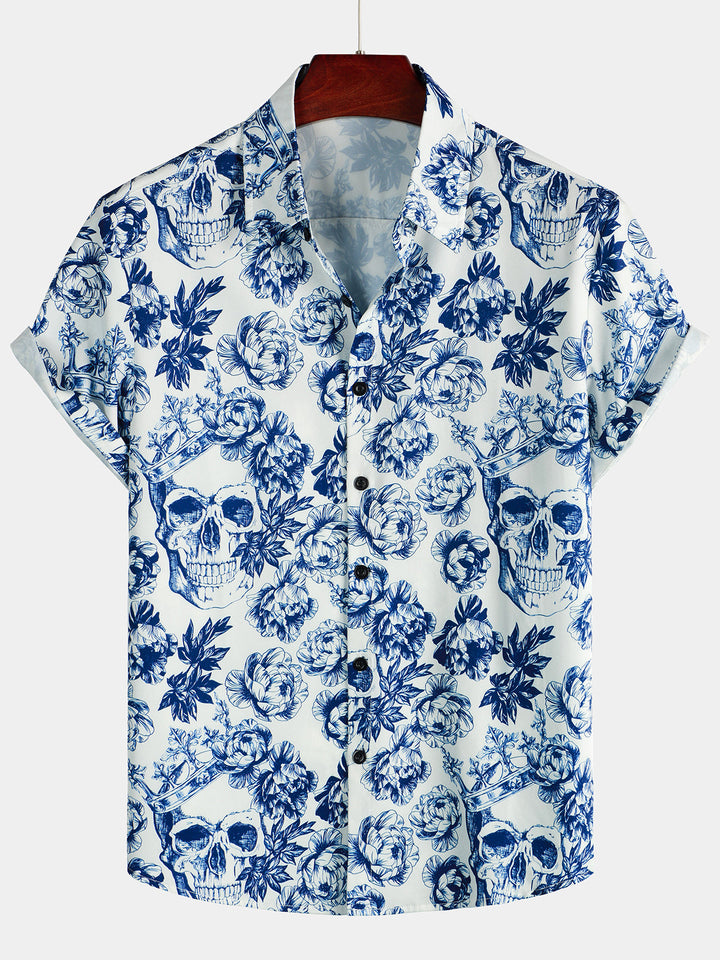 Chemise à manches courtes à imprimé crâne floral Punk Rock Crown pour hommes