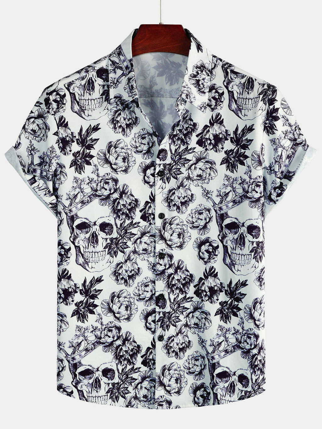 Chemise à Manches Courtes avec Imprimé de Crâne Floral de Couronne Punk Rock Noir pour Homme