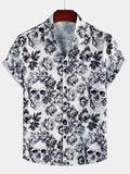Chemise à Manches Courtes avec Imprimé de Crâne Floral de Couronne Punk Rock Noir pour Homme