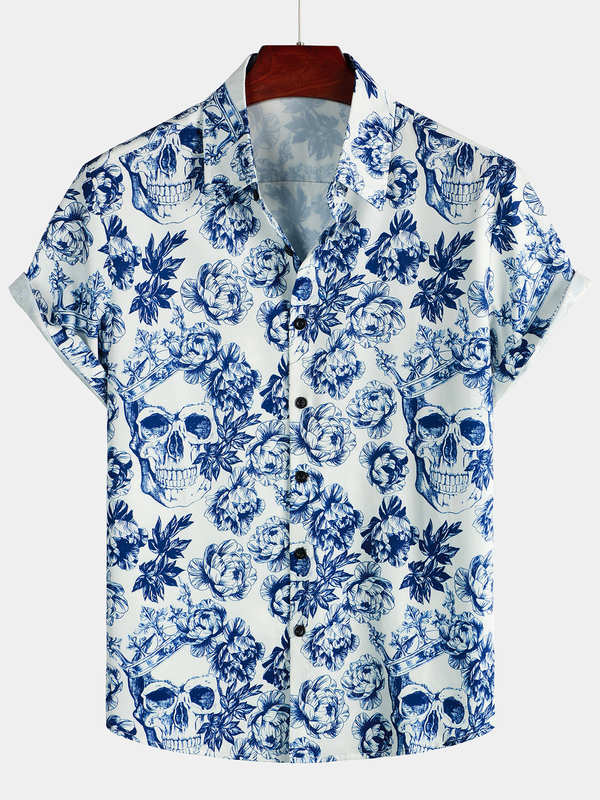 Chemise à Manches Courtes avec Imprimé de Crâne Floral de Couronne Punk Rock pour Homme