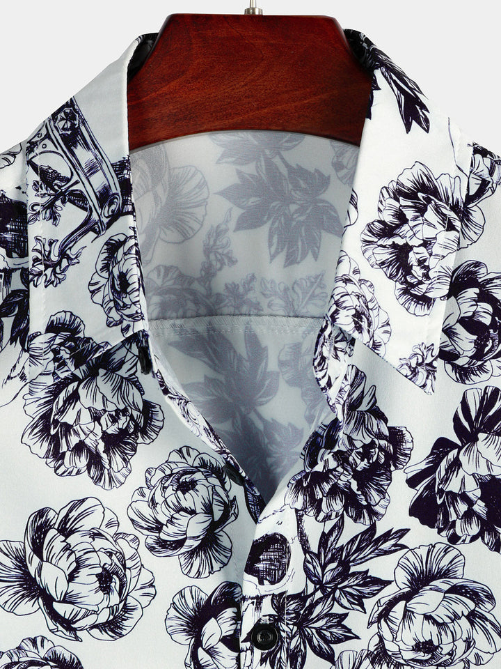 Chemise noire à manches courtes pour hommes, imprimé tête de mort florale, couronne Punk Rock