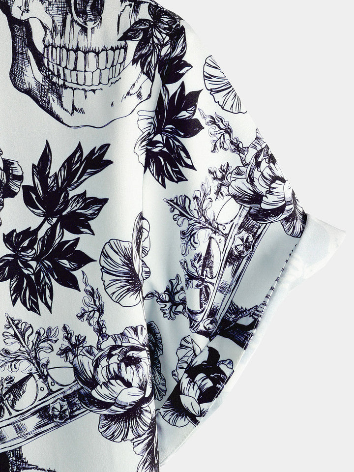 Chemise noire à manches courtes pour hommes, imprimé tête de mort florale, couronne Punk Rock