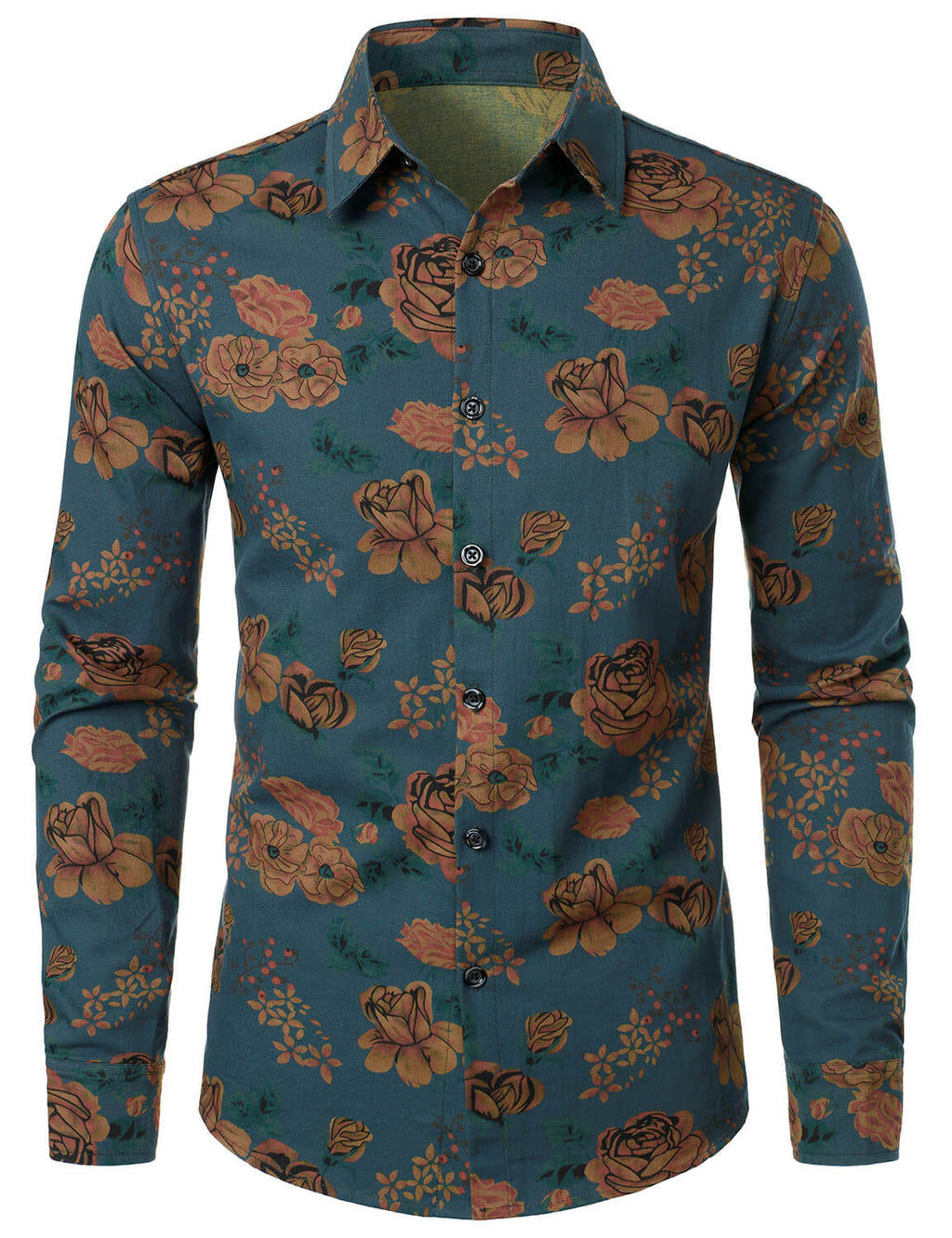 Chemise boutonnée à manches longues pour homme à imprimé floral bleu vintage
