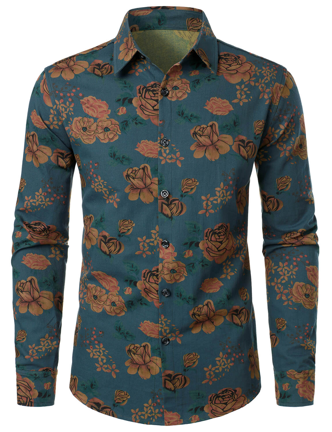 Chemise boutonnée à manches longues pour homme à imprimé floral bleu vintage