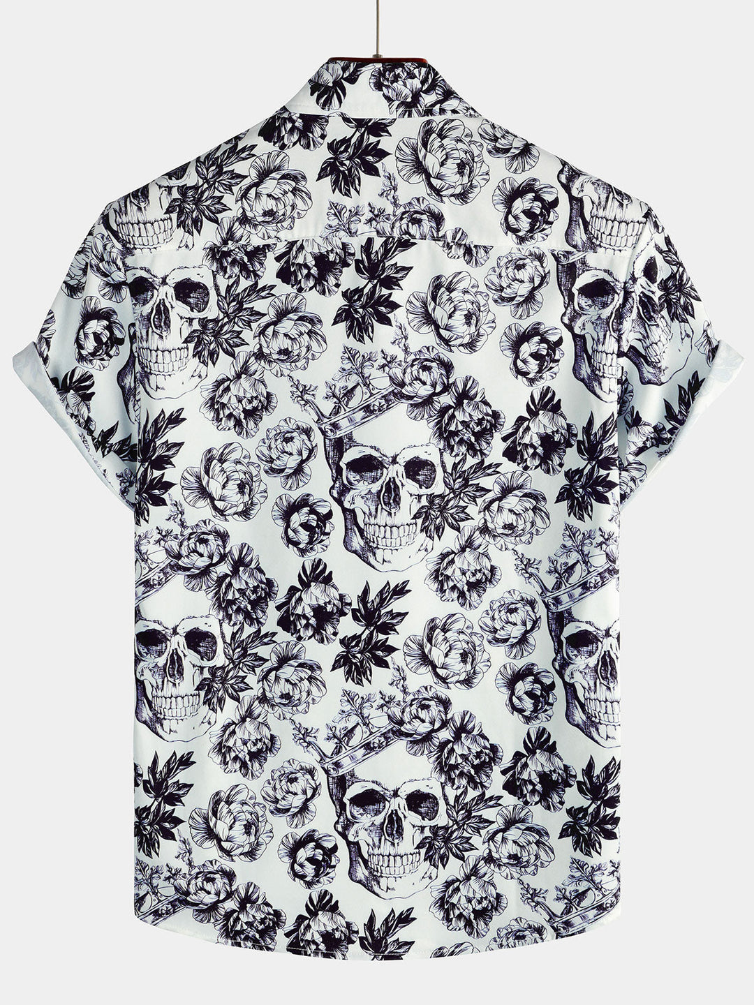 Chemise noire à manches courtes pour hommes, imprimé tête de mort florale, couronne Punk Rock