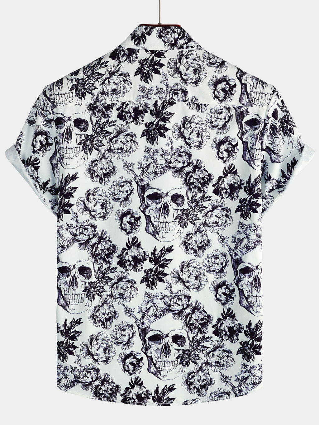Chemise à Manches Courtes avec Imprimé de Crâne Floral de Couronne Punk Rock Noir pour Homme