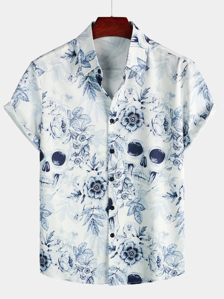 Chemise décontractée à manches courtes avec bouton à revers et imprimé tête de mort pour hommes