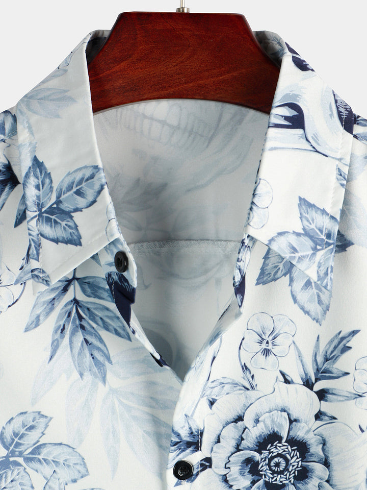 Chemise décontractée à manches courtes avec bouton à revers et imprimé tête de mort pour hommes