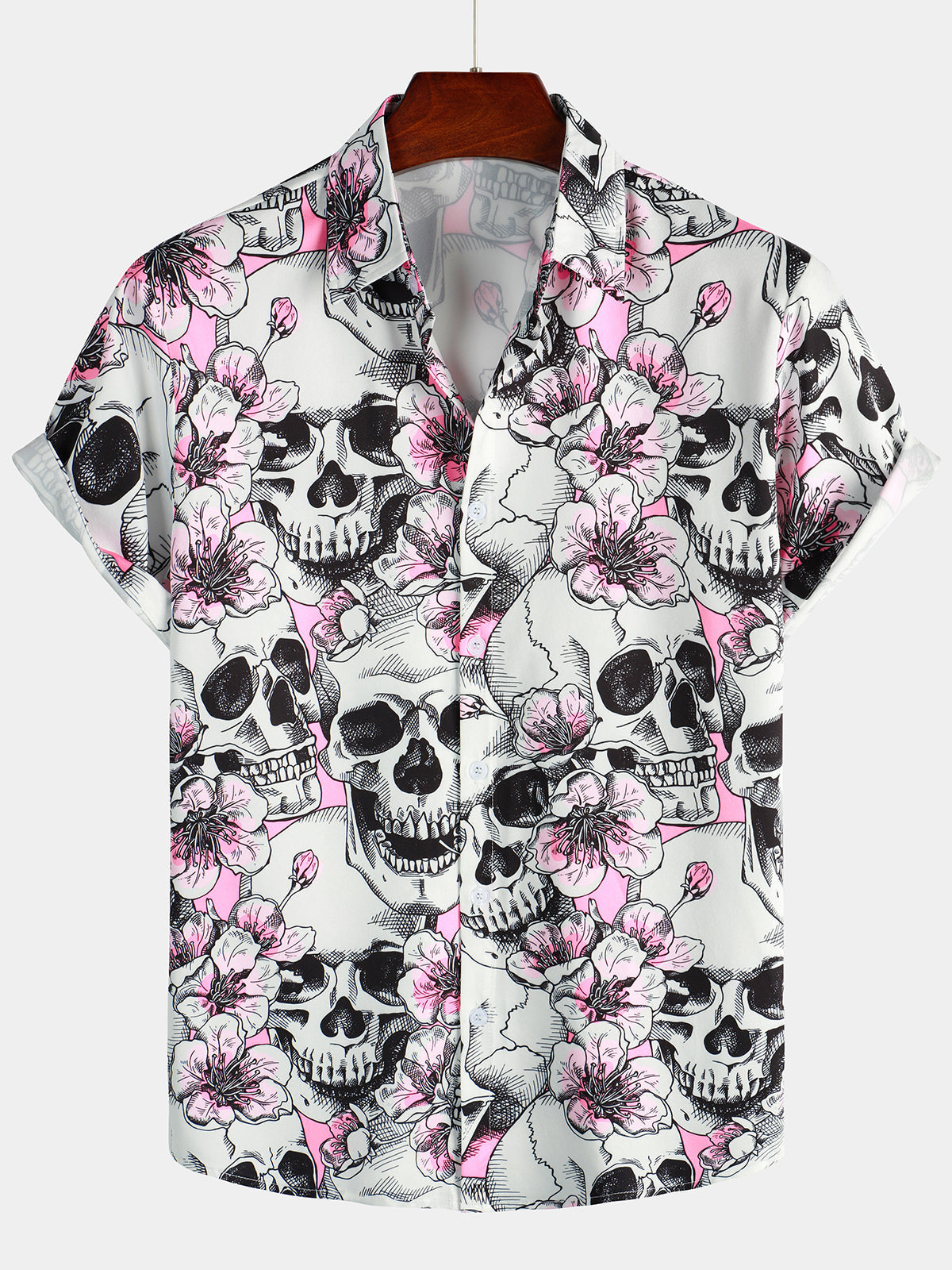Chemise à manches courtes Punk Rock boutonnée à fleurs de cerisier rose tête de mort pour hommes
