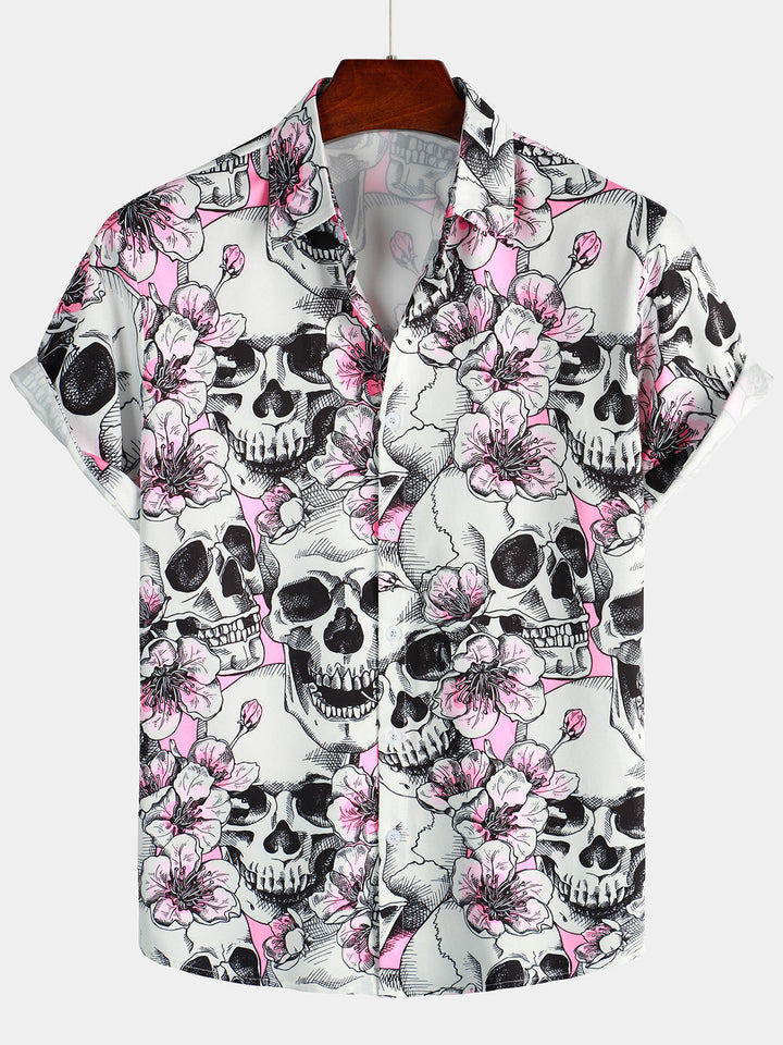 Chemise à manches courtes Punk Rock boutonnée à fleurs de cerisier rose tête de mort pour hommes