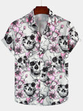 Chemises à Manches Courtes à Bouton pour Homme avec Crânes et Fleurs Roses