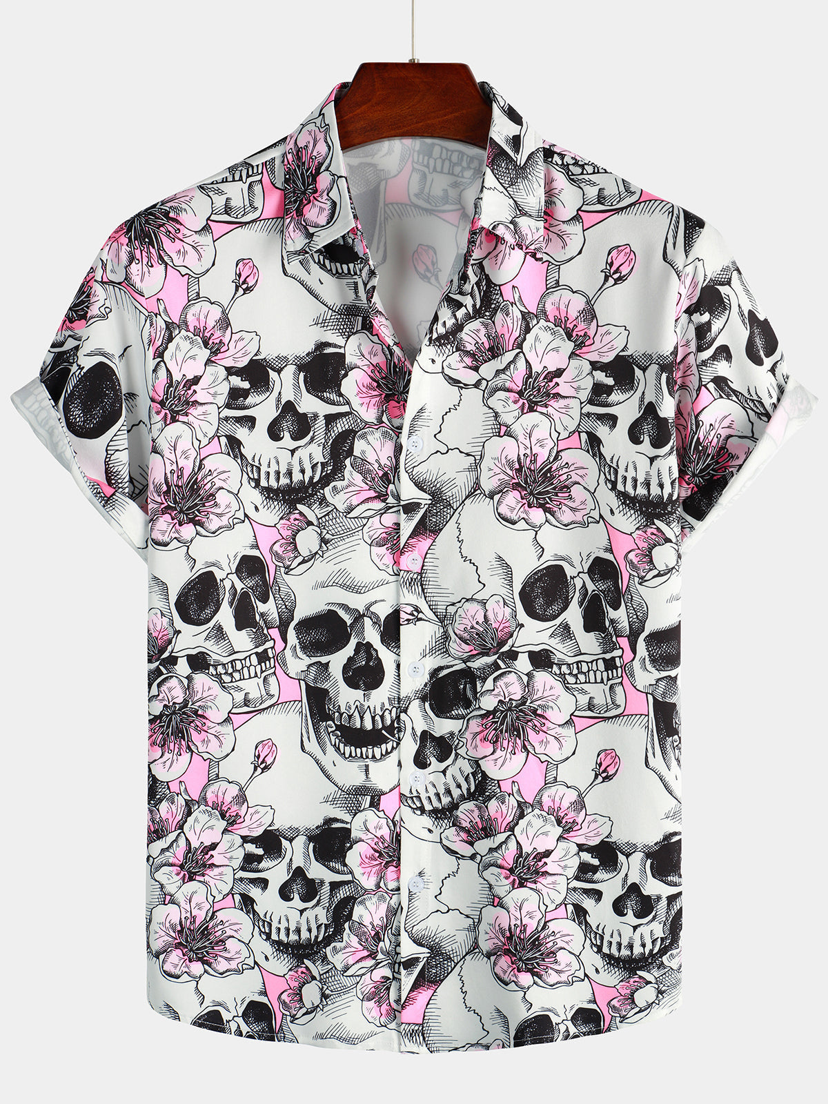 Chemises à Manches Courtes à Bouton pour Homme avec Crânes et Fleurs Roses