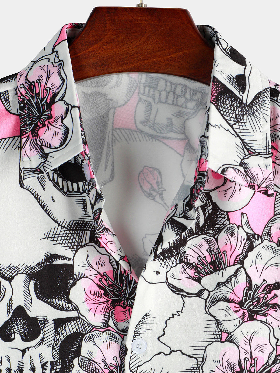 Chemise à manches courtes Punk Rock boutonnée à fleurs de cerisier rose tête de mort pour hommes