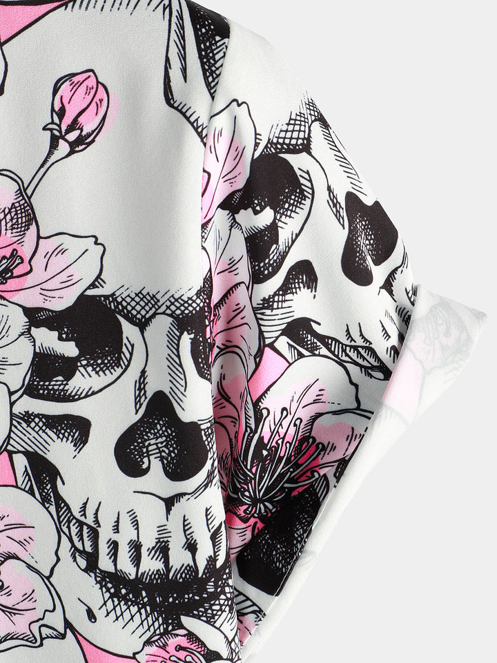 Chemise à manches courtes Punk Rock boutonnée à fleurs de cerisier rose tête de mort pour hommes