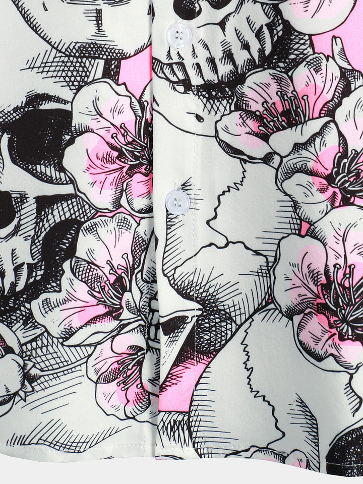 Chemise à manches courtes Punk Rock boutonnée à fleurs de cerisier rose tête de mort pour hommes