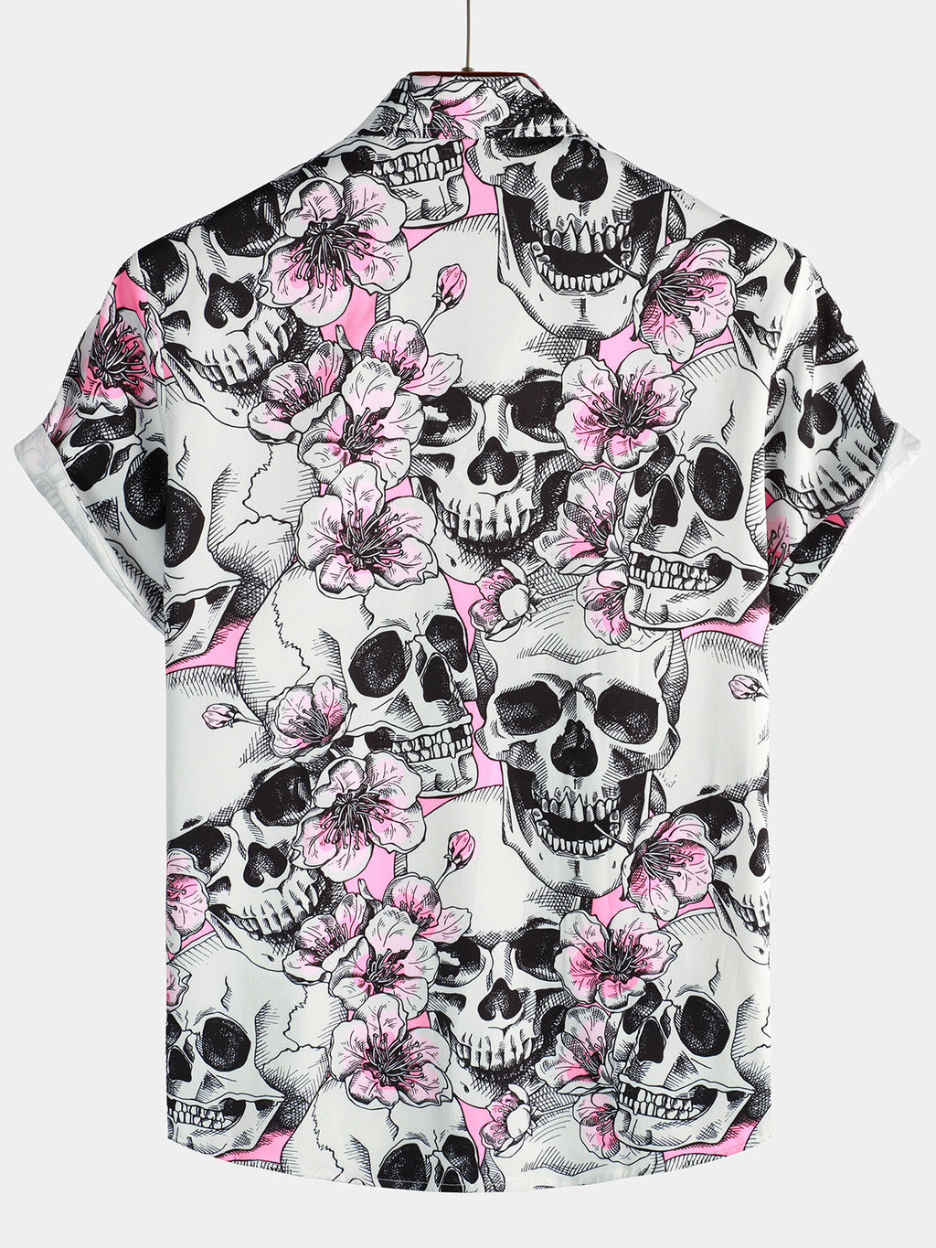 Chemises à Manches Courtes à Bouton pour Homme avec Crânes et Fleurs Roses