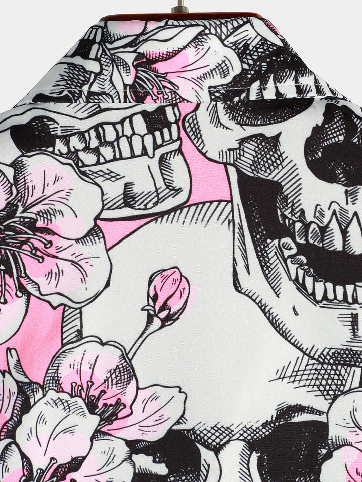 Chemise à manches courtes Punk Rock boutonnée à fleurs de cerisier rose tête de mort pour hommes