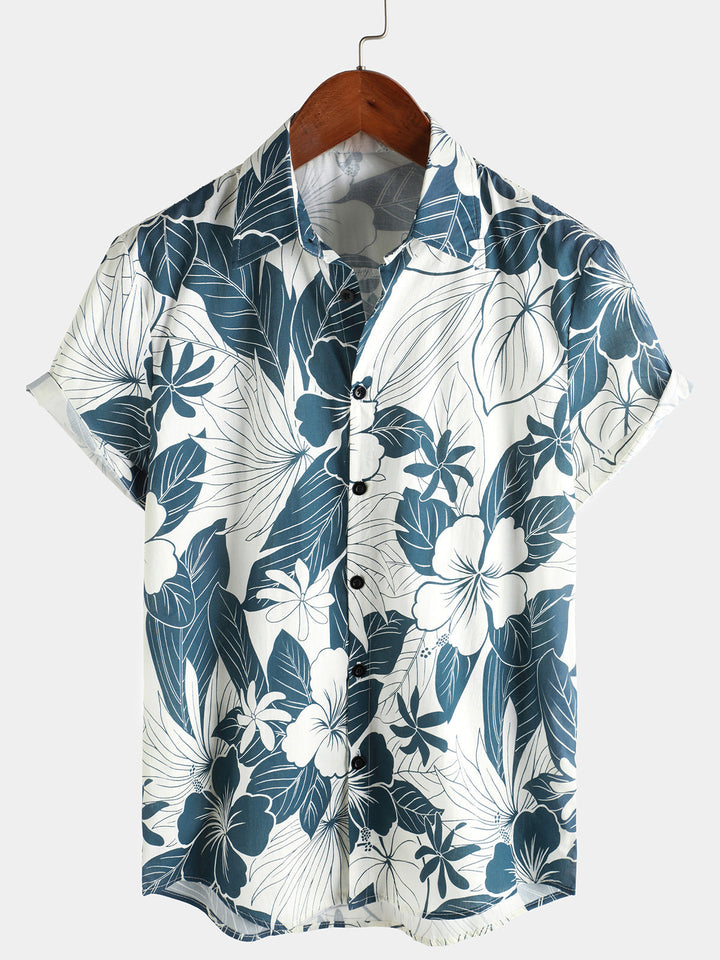 Chemise de plage à boutons à manches courtes et motif floral hawaïen 100 % coton pour homme