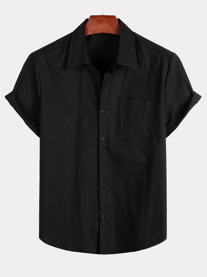 Chemise à manches courtes en coton et lin de couleur unie pour hommes