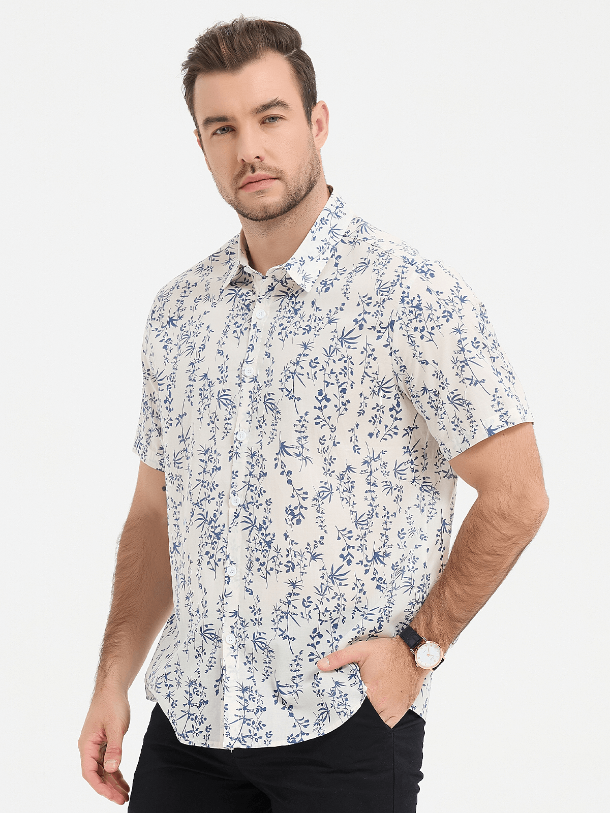 Chemise d'été boutonnée à fleurs en coton pour hommes