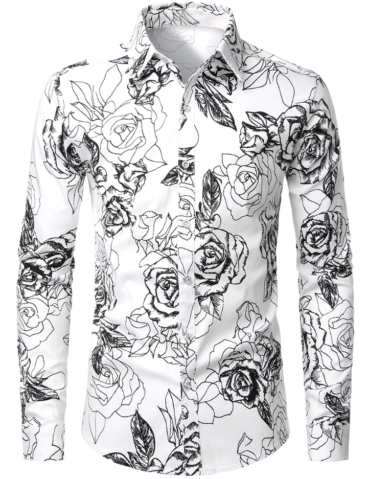 Chemise décontractée boutonnée à manches longues en coton à fleurs pour hommes