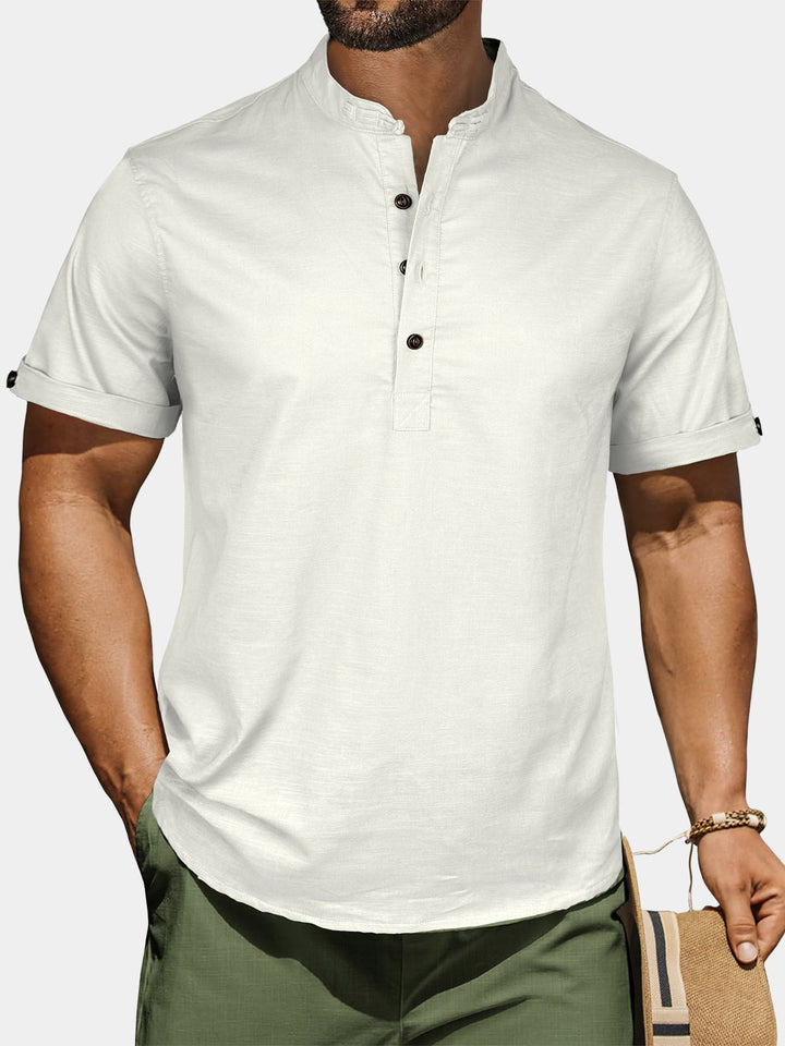 Chemise Homme Henley en Coton et Lin à Col Mao Manches Courtes