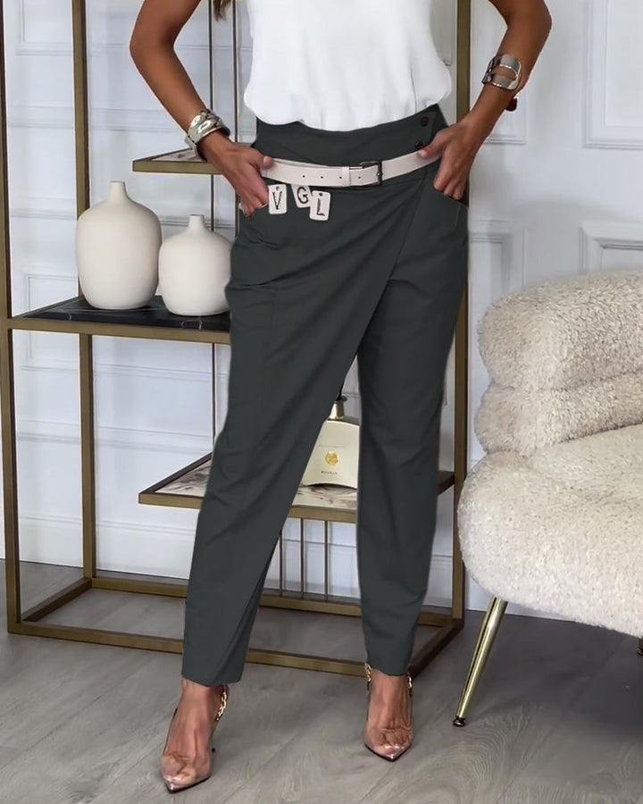 Pantalon patchwork irrégulier à poches de couleur unie à la mode