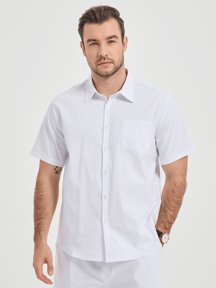 Chemise à manches courtes en coton et lin de couleur unie pour hommes