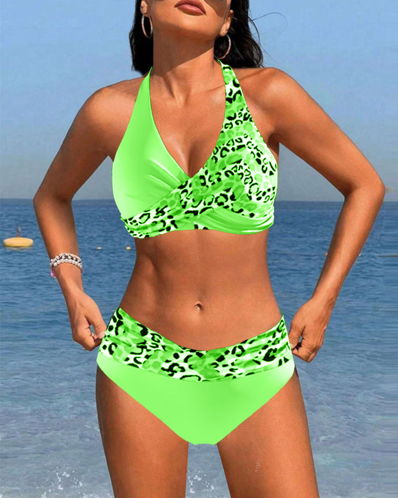 Bikini dos nu imprimé patchwork léopard