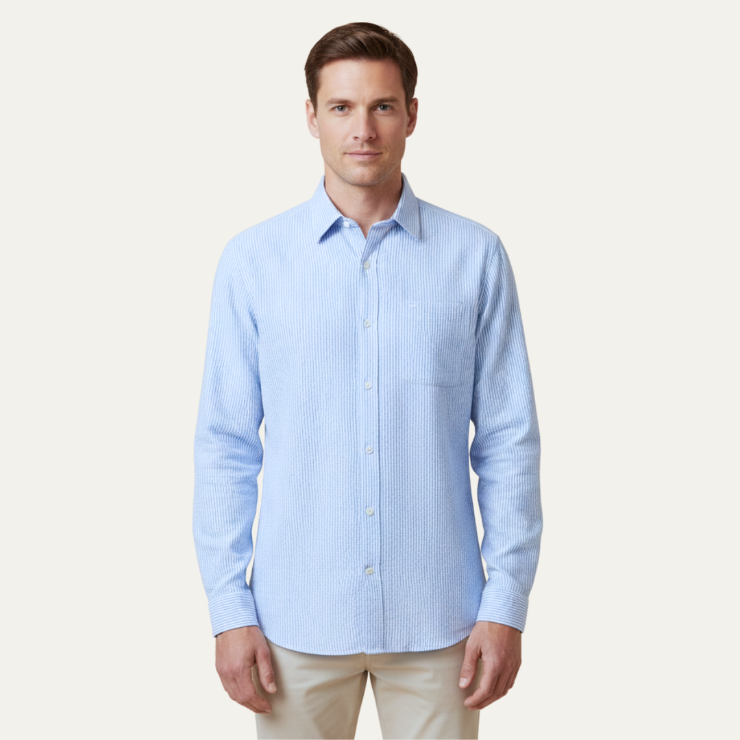 La chemise à boutons en lin léger à rayures bleues pour hommes de Maplecrest Park