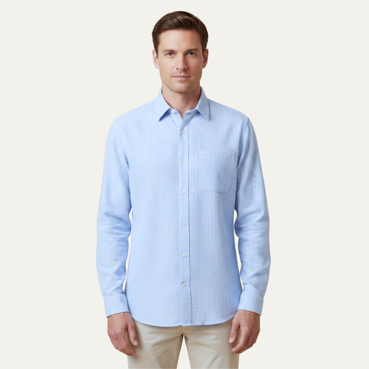 La chemise à boutons en lin léger à rayures bleues pour hommes de Maplecrest Park