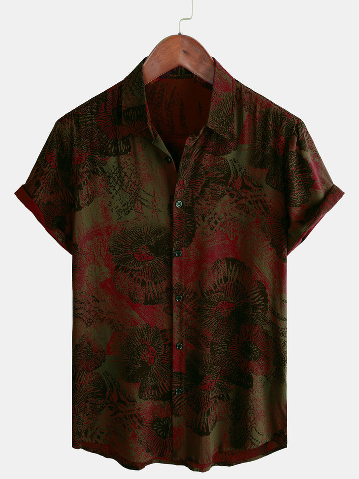 Chemise décontractée à manches courtes boutonnée à fleurs rétro pour hommes