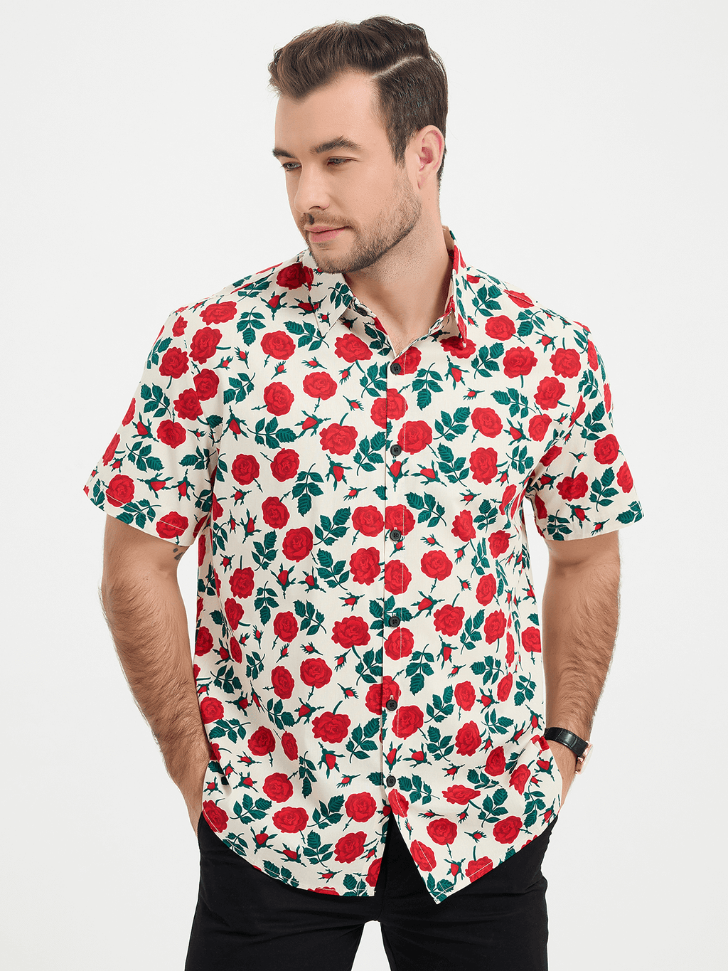Chemise d'été respirante à manches courtes en coton imprimé rose pour hommes