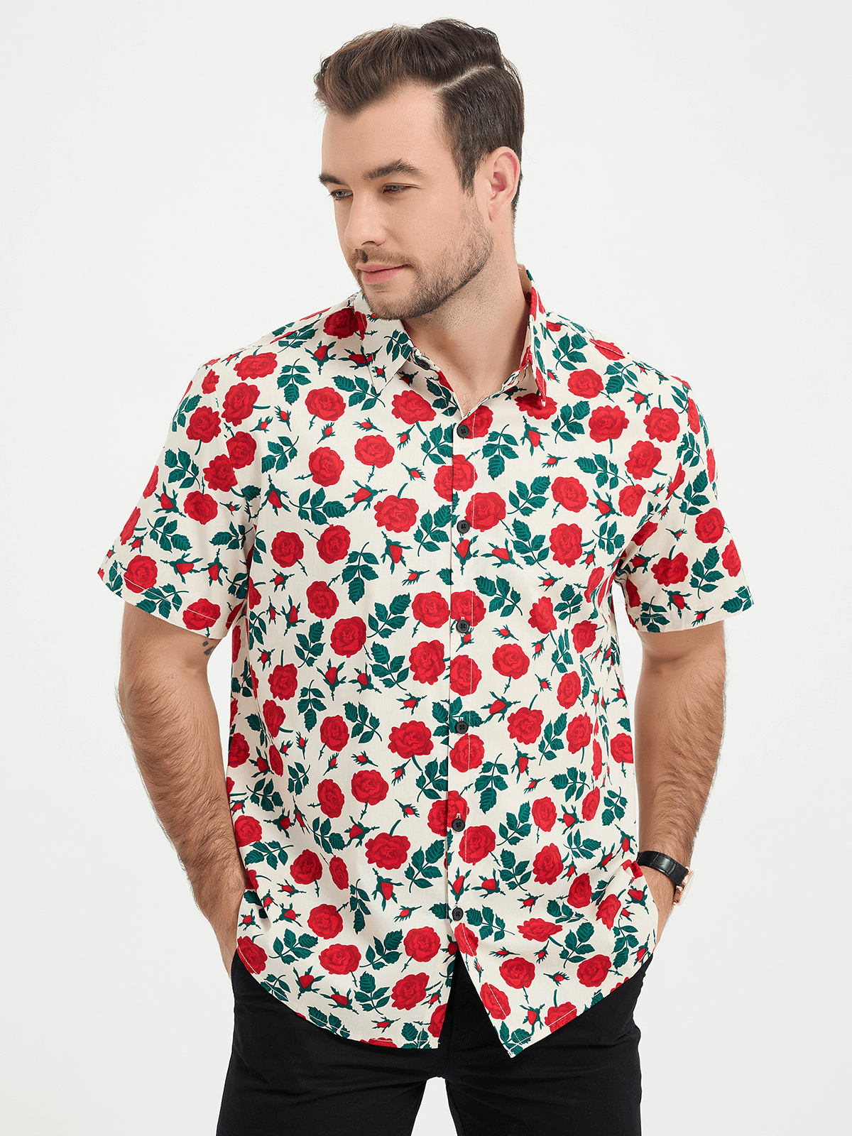 Chemise d'été respirante à manches courtes en coton imprimé rose pour hommes