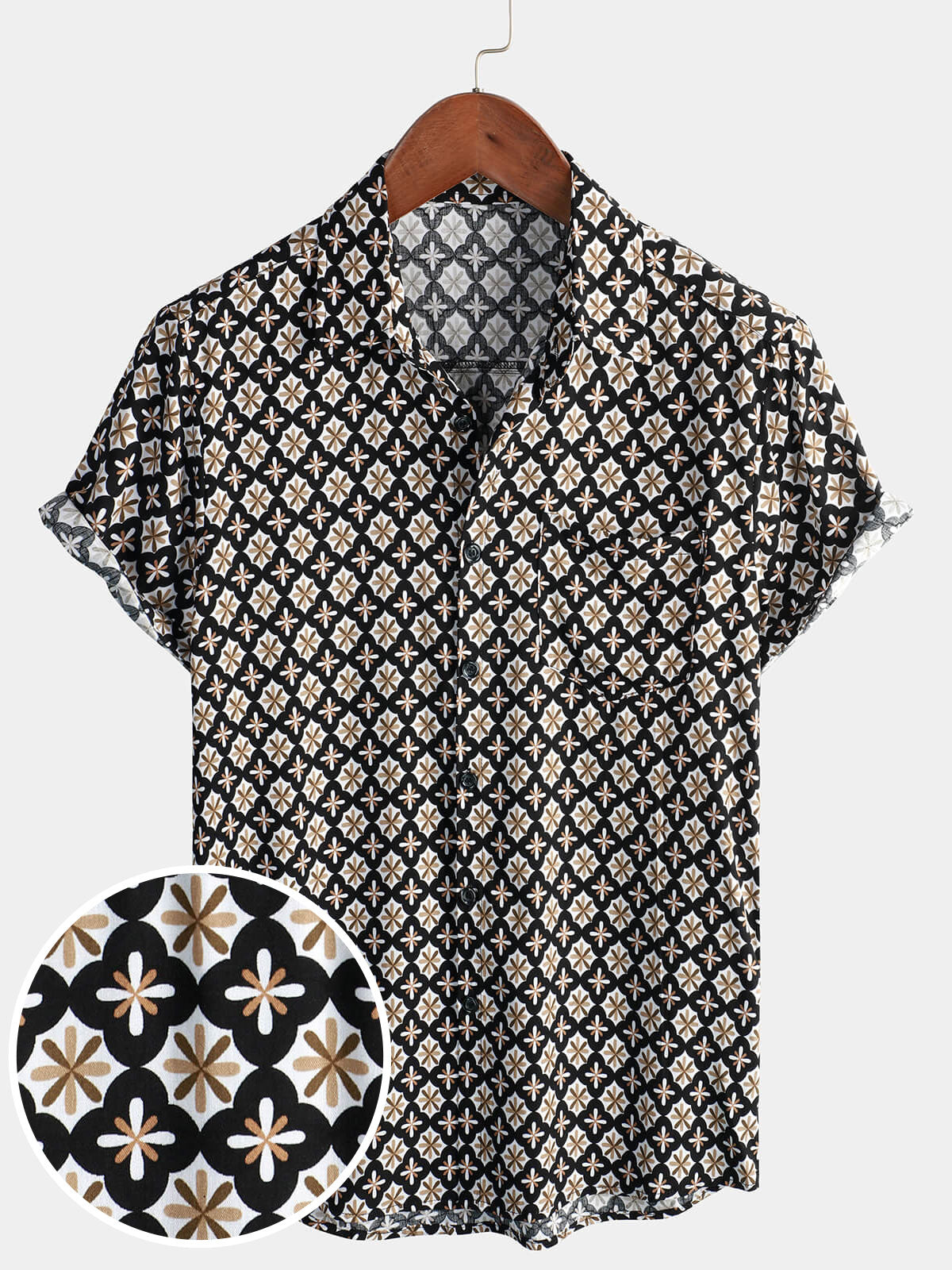 Chemise d'été noire à manches courtes pour hommes, motif floral géométrique vintage