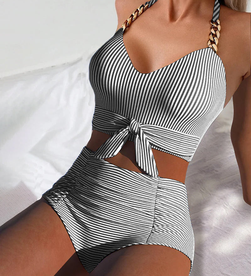 Maillot De Bain Haute Taille Rayé Deux-Pièces Triangle