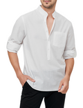 Chemise à manches longues décontractée en coton avec col Henley de couleur unie pour hommes