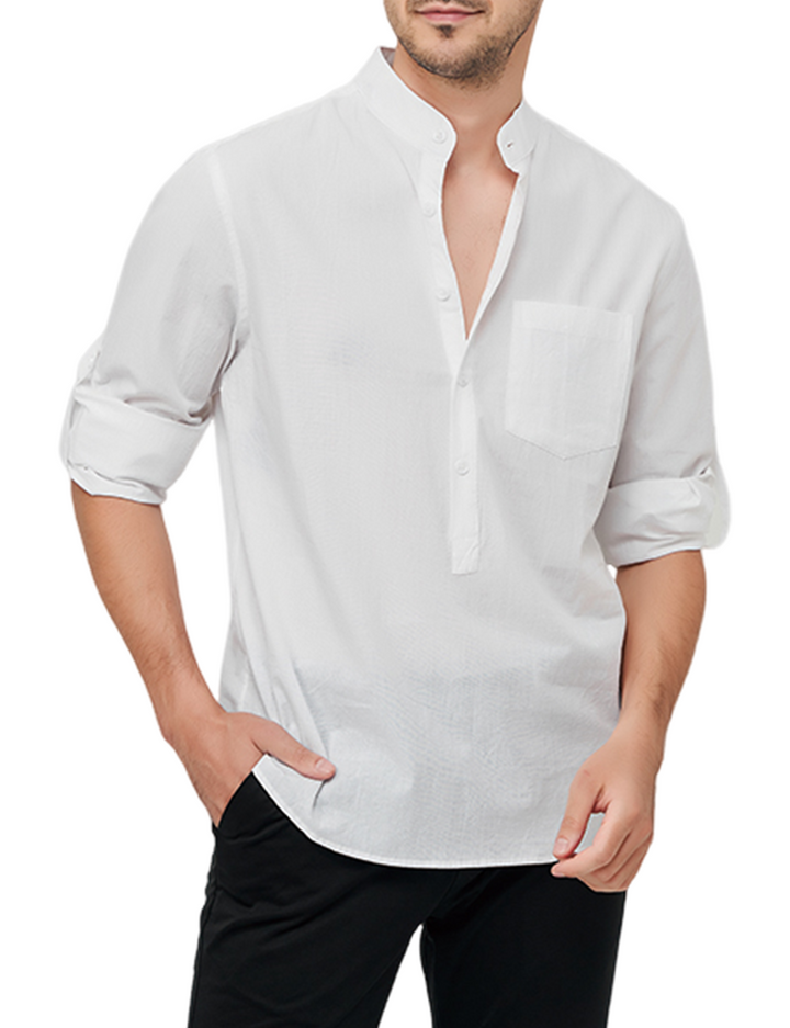 Chemise à manches longues décontractée en coton avec col Henley de couleur unie pour hommes