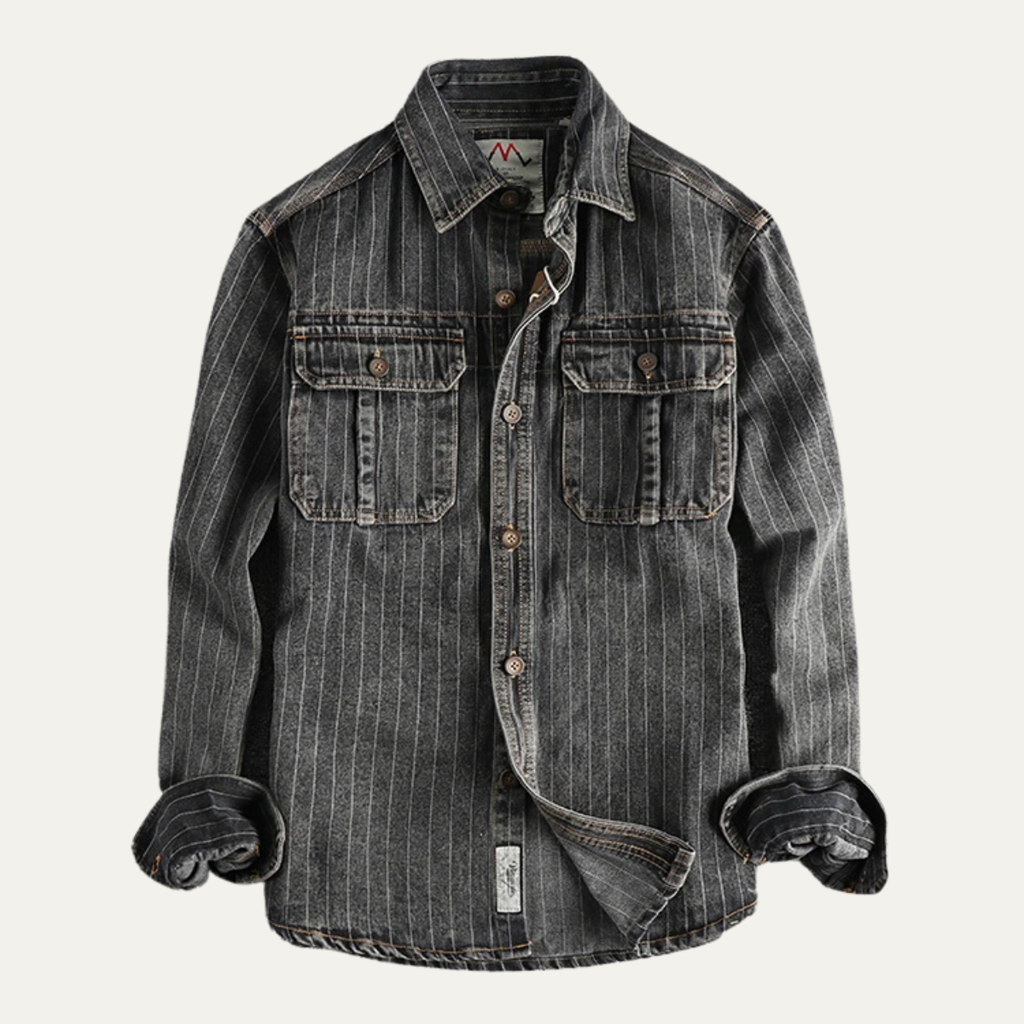 La Veste Chemise en Jean à Rayures Verticales Vintage Lavée Oakcrest pour Homme – Bleu Foncé