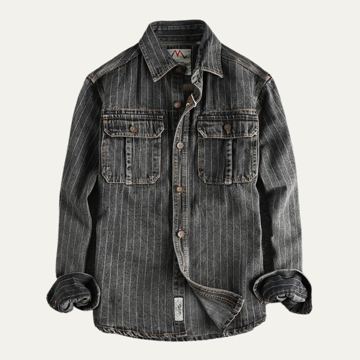 La Veste Chemise en Jean à Rayures Verticales Vintage Lavée Oakcrest pour Homme – Bleu Foncé