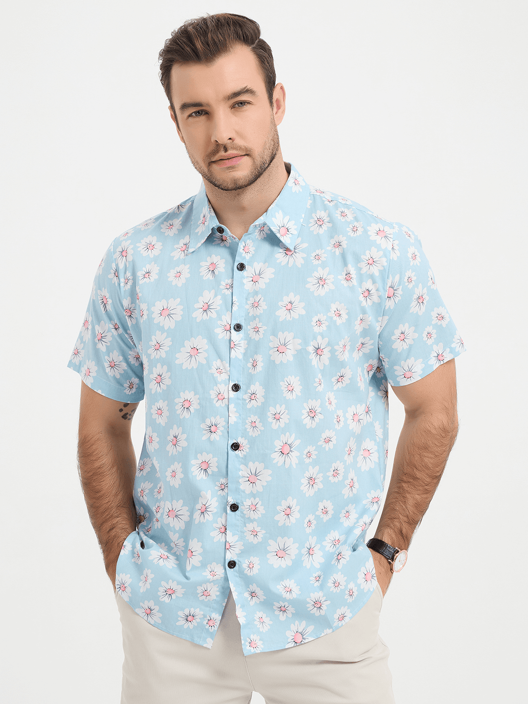 Chemise à fleurs hawaïenne à manches courtes en coton imprimé marguerite hawaïenne pour homme