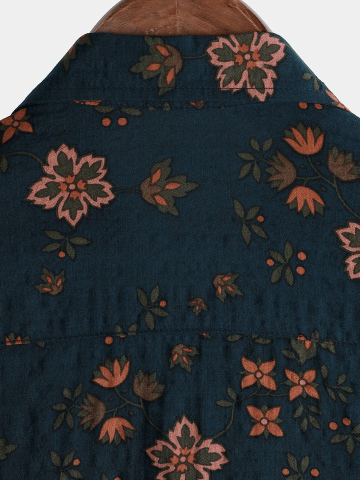 Chemise en coton à manches courtes boutonnée bleu marine à fleurs d&