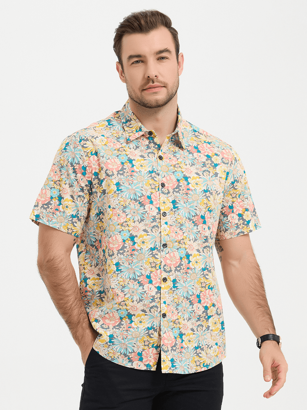 Chemise à manches courtes en coton fleuri pour homme