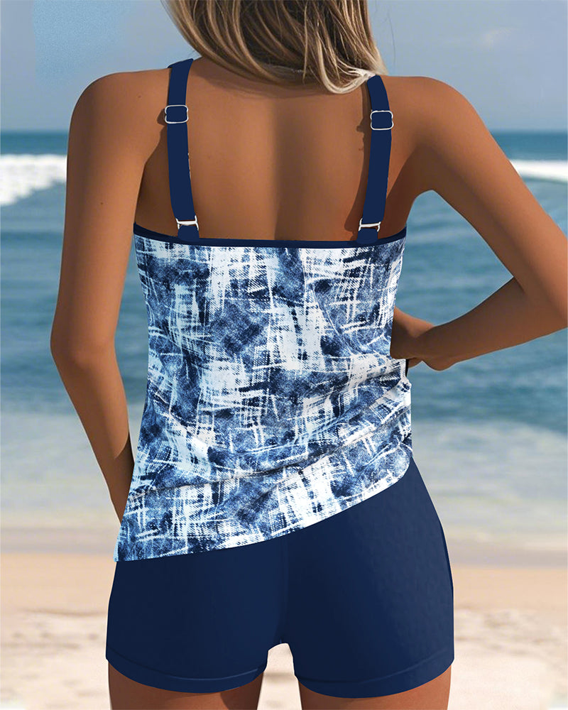 Tankini Imprimé Sans Manches Boxer Deux Pièces