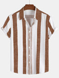 Chemise Casual à Manches Courtes à Rayures Verticales Marron Vintage pour Homme